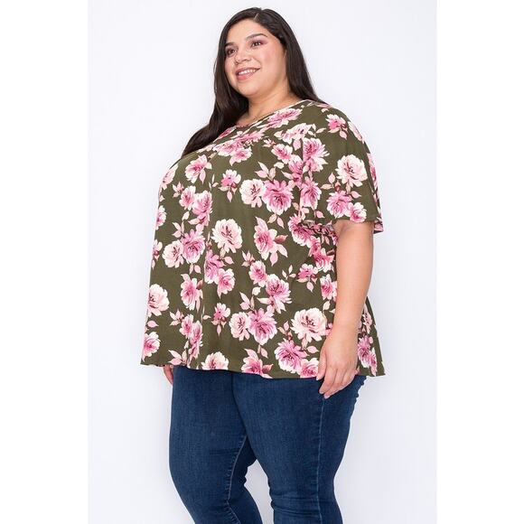 062 Curvy Lovey Shirred Flower Print Tunic Top in Olive - Picture 2 of 5